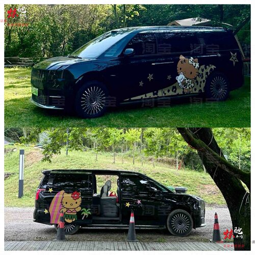 极氪009黑皮凯蒂猫车贴拉花别克GL8理想i8 I6 KT猫卡通车身贴纸