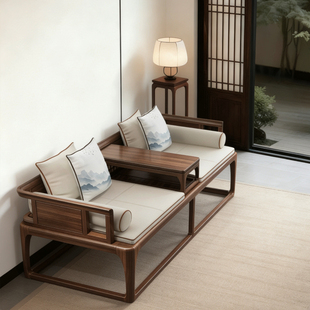 新中式黑胡桃木罗汉床实木家用大小户型榻榻米民宿禅意轻奢沙发床