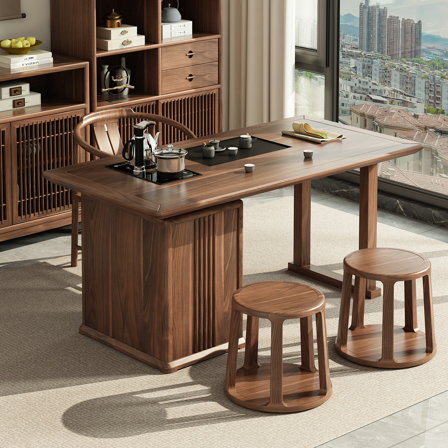 新中式乌金木实木茶桌椅组合办公室茶几套装一桌五椅功夫湿泡茶台