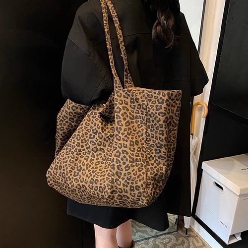 大容量帆布包女款2025新款秋冬双面背豹纹手提袋上班通勤单肩包