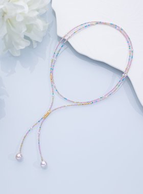 ”烟花“粉色双子星淡水珍珠毛衣链  10-11mm 2414H00DY