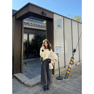 醋酸羊毛复合绒感韩系通勤直筒保暖9分休闲裤 张羞羞 柏林冬雾