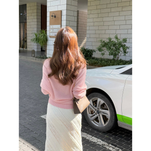 不对称针织衫 绵羊毛山羊绒2026春一字领蝙蝠袖 首尔樱花 张羞羞