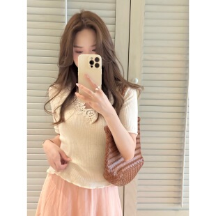 通勤V领花边中袖 张羞羞 浅草夏 羊毛蕾丝法式 2026春夏 针织衫
