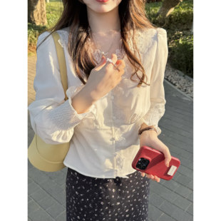 2026人棉蕾丝花朵珠片收腰早春韩系通勤V领衬衫 张羞羞 阿维尼翁