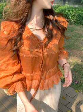 张羞羞 日落西西里/苎麻法式蕾丝花边绑带娃娃领长袖衬衫2026春夏
