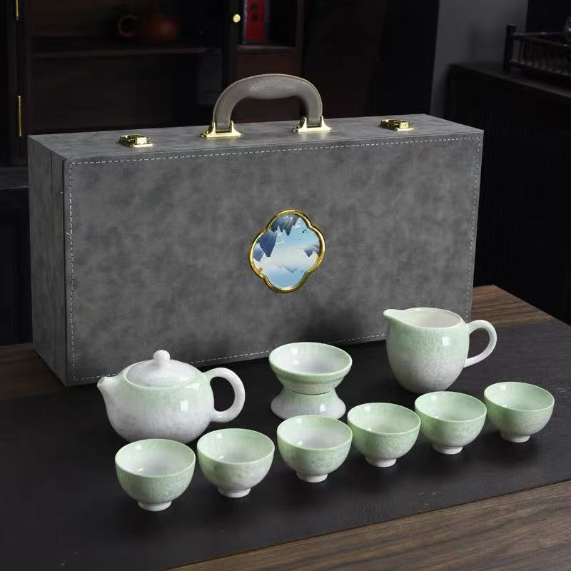 结晶釉功夫茶具套装青色开片冰花家用客厅办公室会客陶瓷西施壶