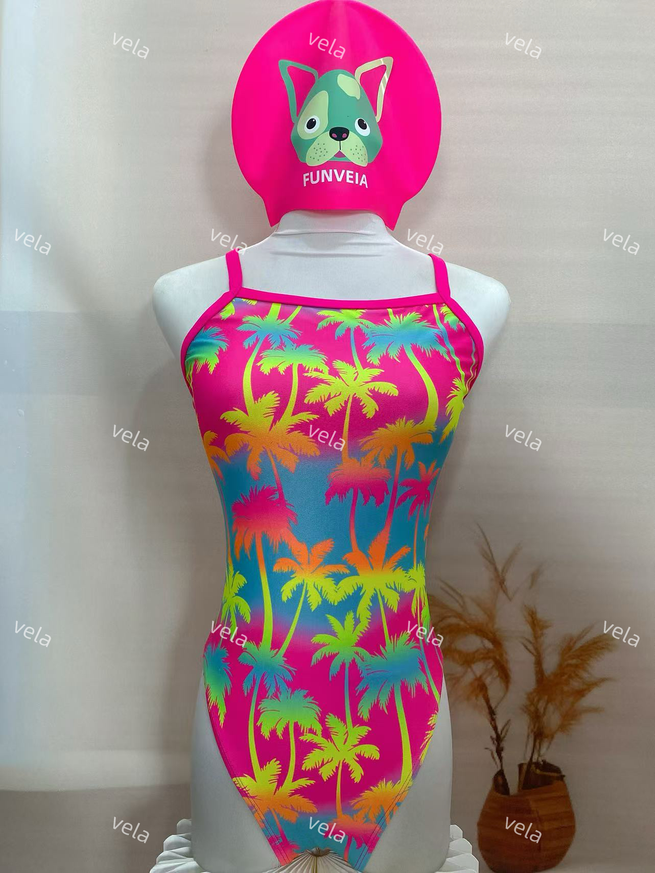 vela定制彩椰修身显瘦竞速泳衣双层不带垫三角款中高叉