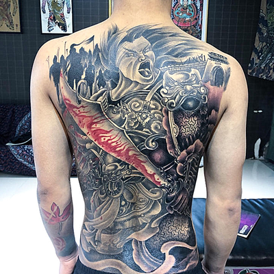 老传统后背大图彩色浪里白条张顺鲤鱼关公赵云满背纹身贴防水仿真