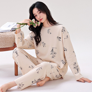 芬腾2024新款女睡衣秋冬款花卉长袖套头宽松套装全棉家居服可外穿