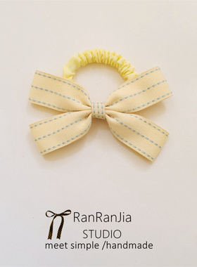 5件包邮 儿童发饰女孩头饰浅黄色条纹蝴蝶结发圈扎马尾橡皮筋头绳