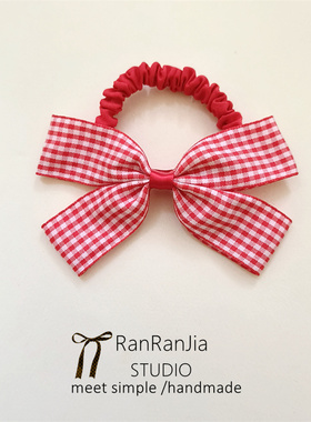 5件包邮 儿童发饰女孩头饰红色格子蝴蝶结发圈可爱小肠圈扎长辫子