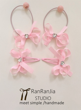 5件包邮 儿童发饰女孩头粉红色手工蝴蝶结发圈高弹力不伤发橡皮筋