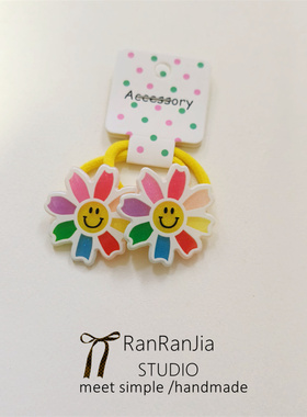 5件包邮 儿童发饰女孩头饰彩色笑脸发圈宝宝不伤发小皮筋黄色头绳