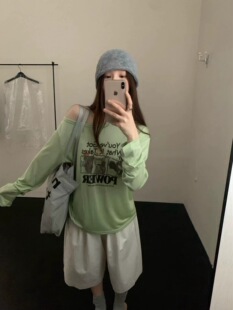 实拍26年夏上新斜肩卡通印花休闲百搭长袖T恤女