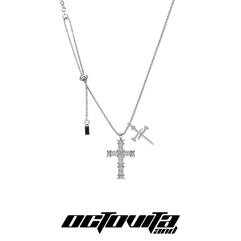 银色双十字架抽拉拼接朋克锁骨链