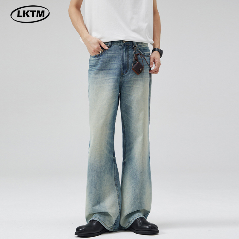 LKTM男装渐变水洗做旧猫须牛仔裤