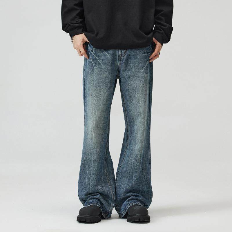 SWTF男装#美式vibe闪电爆裂纹蓝色牛仔裤男cleanfit微喇显瘦裤子