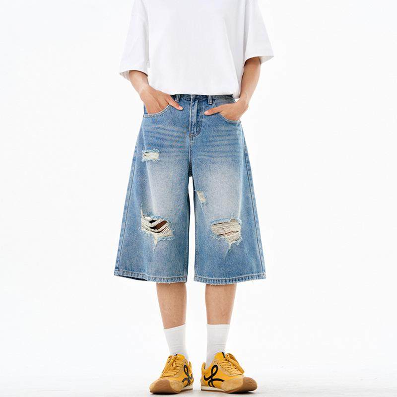 SWTF男装 夏季美式水洗浅蓝色破洞七分牛仔裤男女宽松垂感短裤子