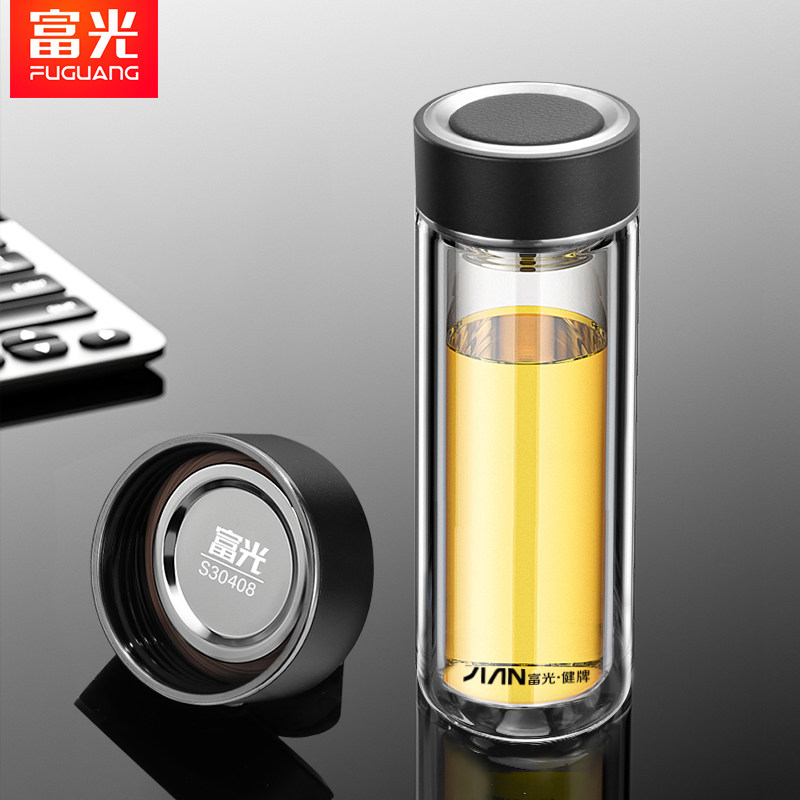 富光双层玻璃杯男透明高档耐热防爆茶水分离泡茶杯带盖办公水杯子