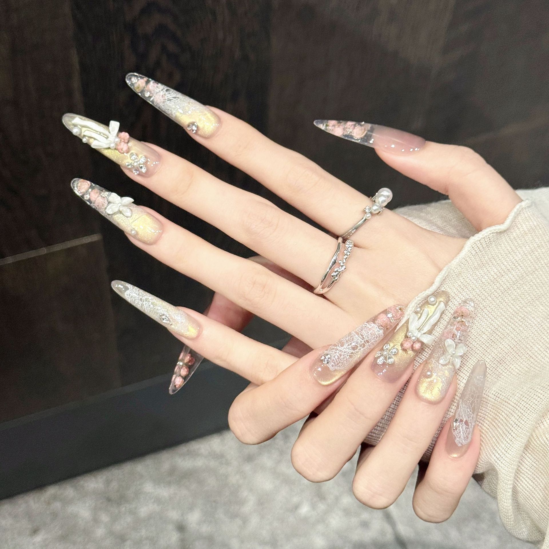 浪妞花织柔纱干花蕾丝装饰美甲贴片纯手工穿戴甲温柔雅致清冷气质