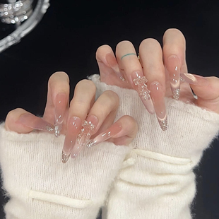 浪妞美甲贴银河梦里温柔蜜桃粉微笑猫眼爆闪指尖金闪蝴蝶结穿戴甲