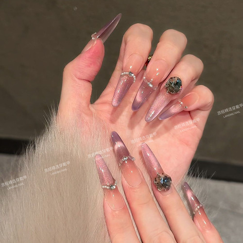 浪妞渐变紫色法式猫眼珍珠小碎钻精品K9钻奶雾蔷薇高品质穿戴甲贴