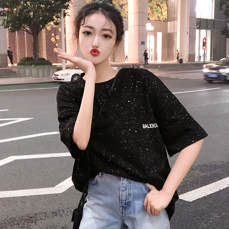 星空闪闪短袖t恤女2019网红ins超火亮片宽松大码半袖很仙的上衣潮12-02新券