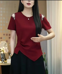 纯棉大码 网红钉珠露肩收腰显瘦上衣 不规则褶皱短袖 t恤女2025夏季