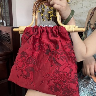 复古新中式红色新娘包藤编竹节手提包配古装秀禾服旗袍包包结婚包