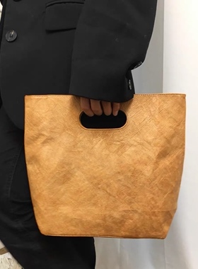 复古通勤牛皮纸女包大容量手提托特包可水洗2023新款简约ins风