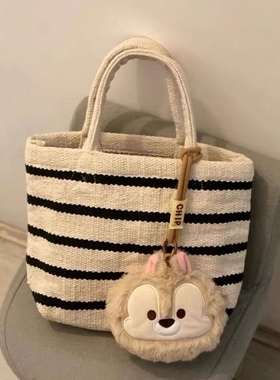 印度手工编织小型托特包拎包饭包2023新款棉布条纹包包卡通挂件包