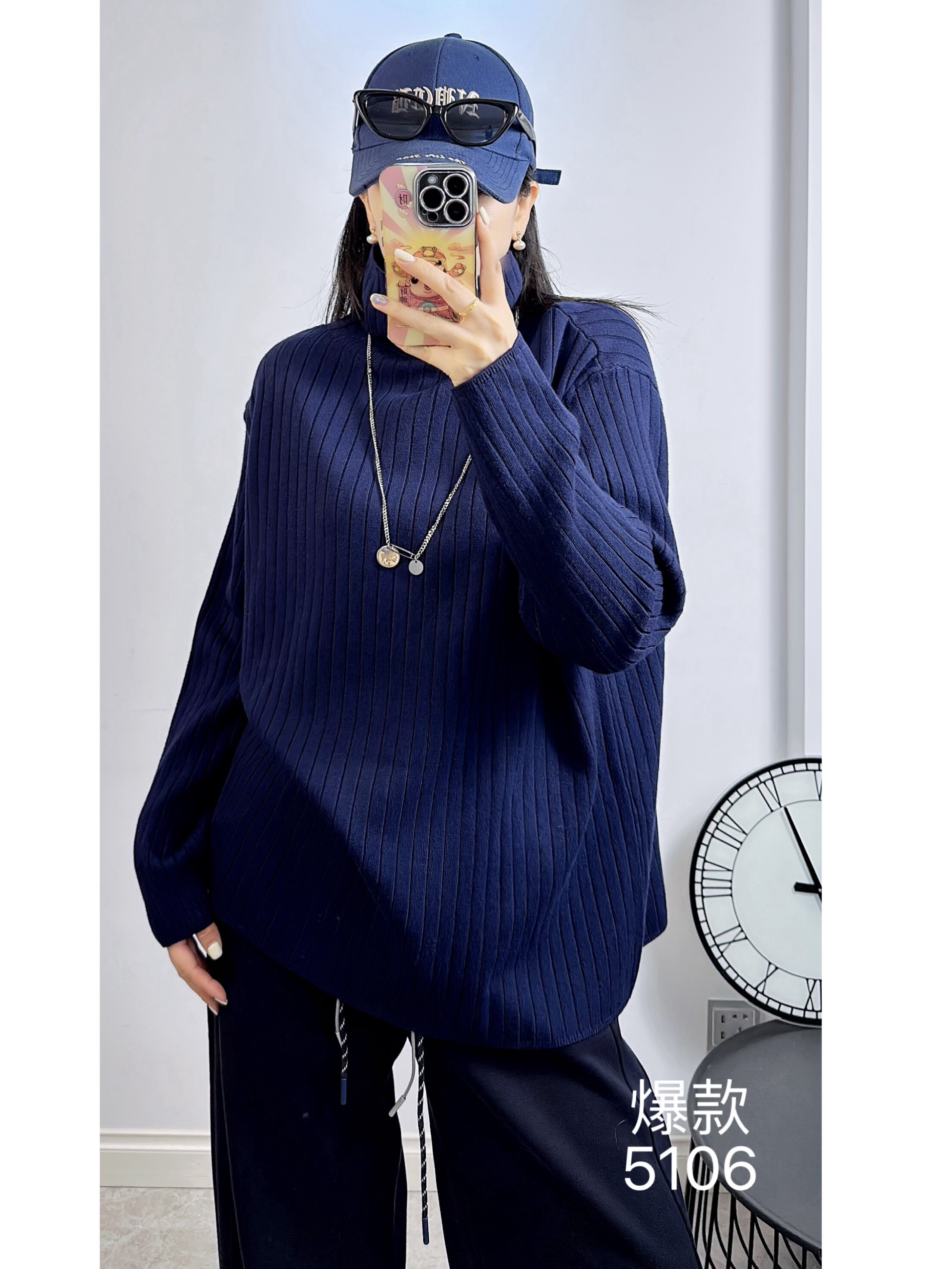 妃儿红5106秋冬加大码针织衫女 高领坑条纯色简约风毛衣