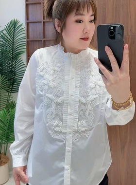 妃儿红5208春加大码衬衫女 时尚立领木耳边重工钉珠刺绣洋气衬衫