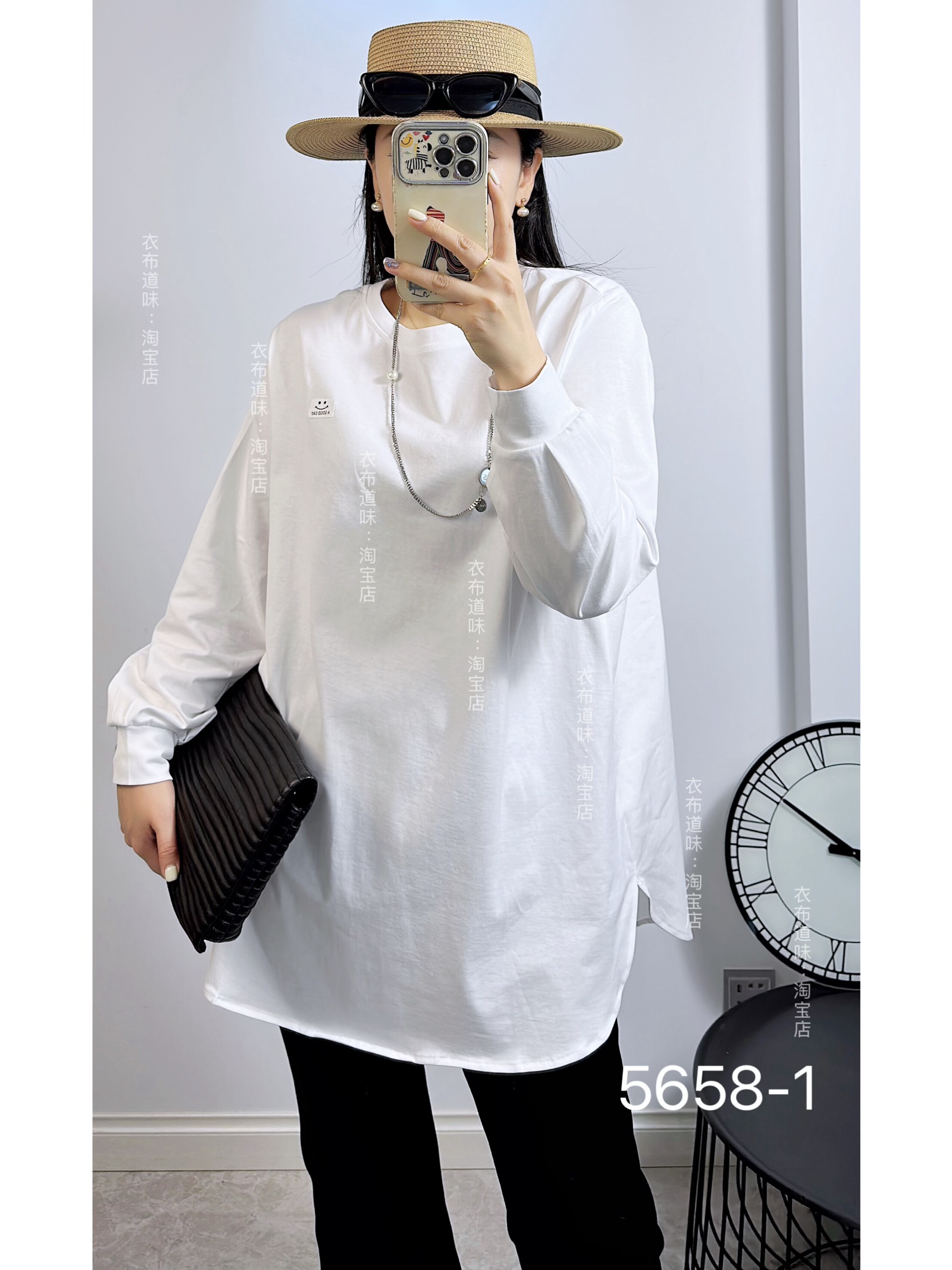 宜语析5658-1秋冬加大码卫衣 纯棉圆领打底衫内搭宽松遮屁股T恤衫