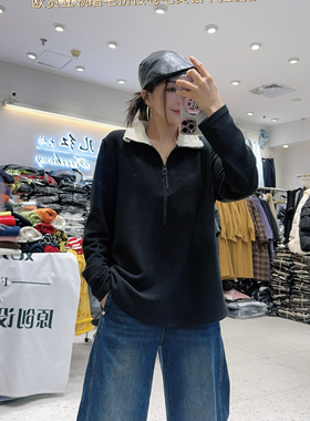 妃儿红5011冬加大码磨毛卫衣女 半拉链羊羔绒翻领长袖打底衫