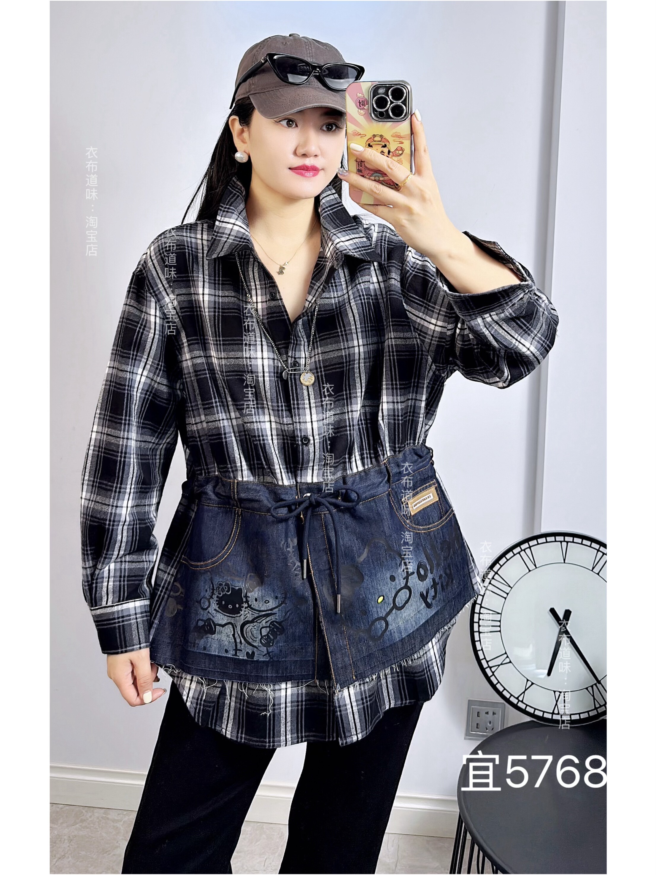 宜语析5768秋冬加大码衬衫 假两件拼接牛仔蓝格子收腰长袖衬衫
