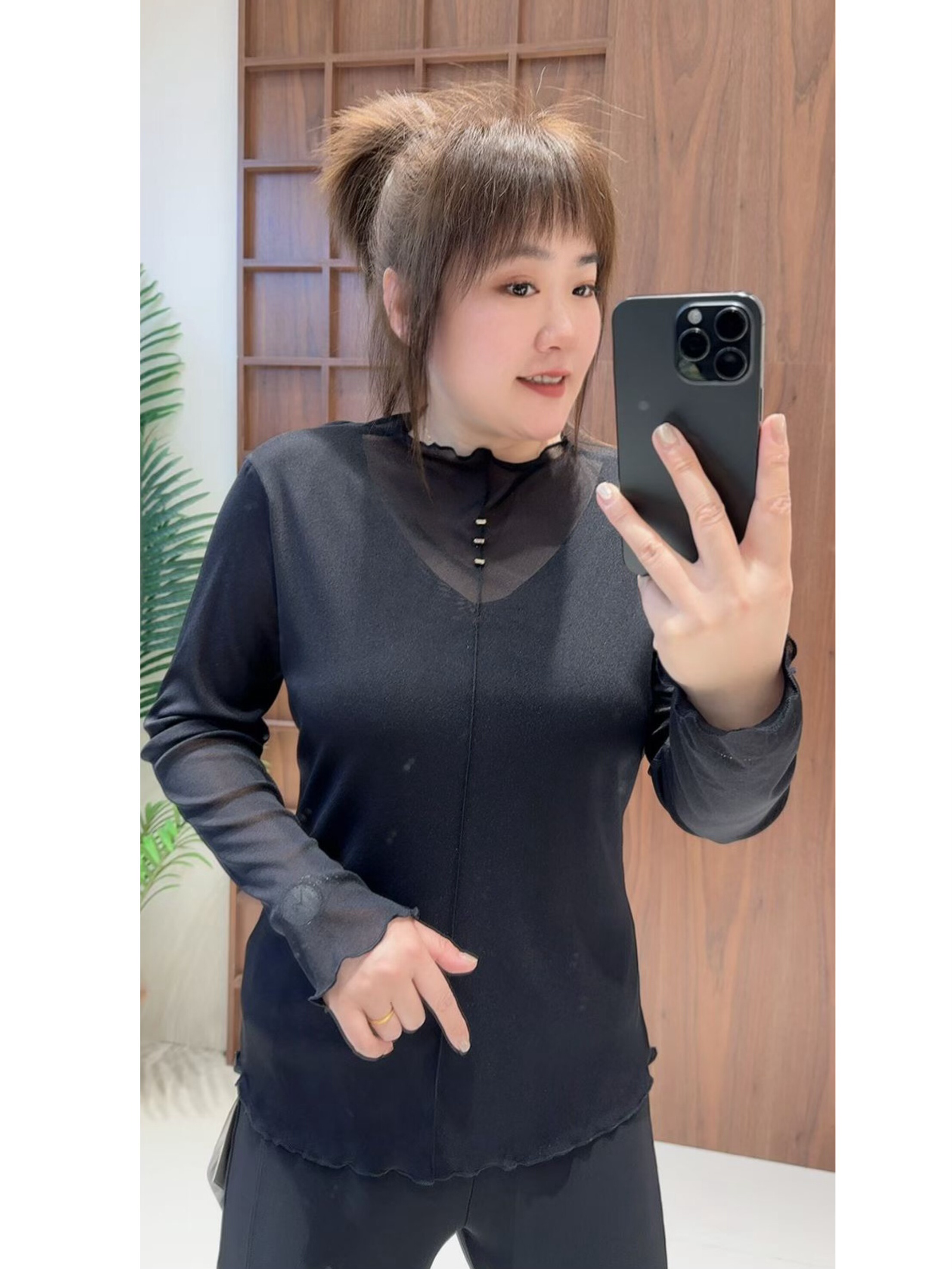 妃儿红3791秋加大码卫衣 弹力网纱百搭显瘦洋气打底衫