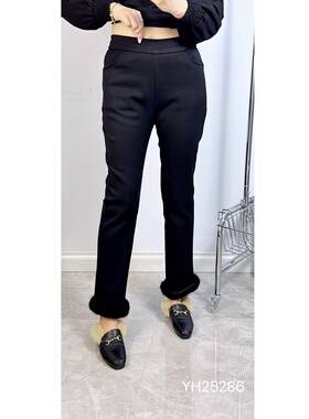 香港芸卉25286冬季加大码加绒直筒裤 松紧腰收腹显瘦九分裤