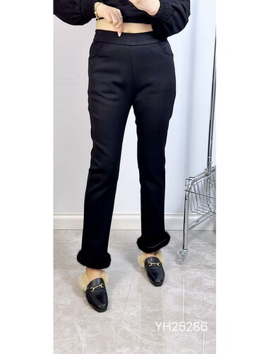 香港芸卉25286冬季加大码加绒直筒裤 松紧腰收腹显瘦九分裤