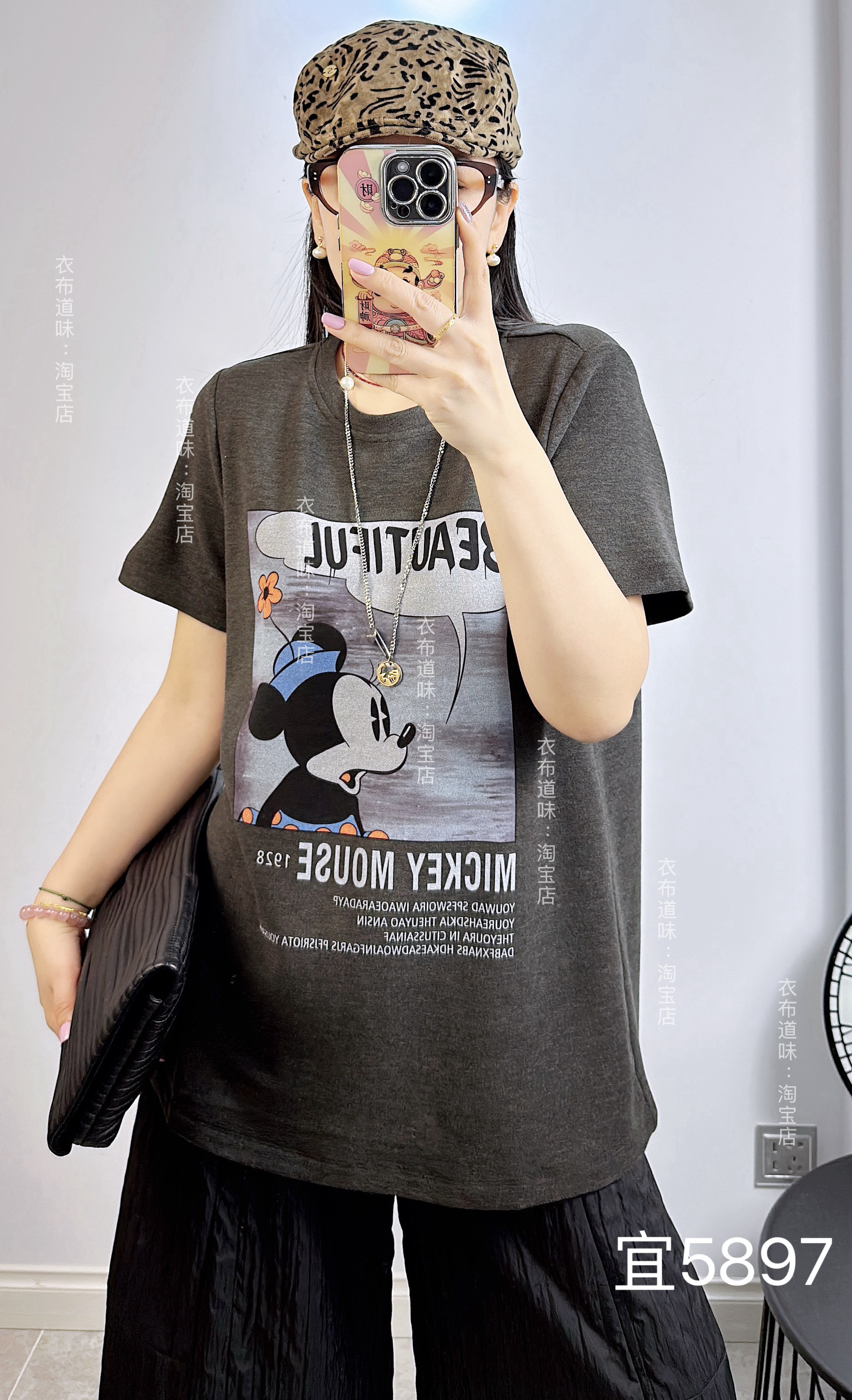 宜语析5897春加大码卫衣女 韩版卡通米奇圆领短袖减龄T恤衫