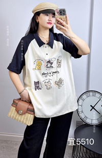 宜语析5510秋加大码女装 卡通polo领撞色短袖t恤