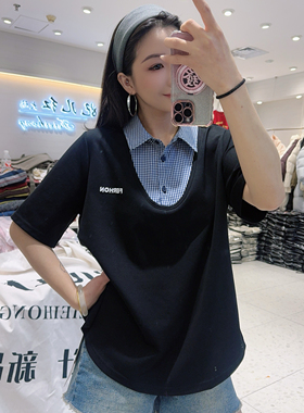 妃儿红5383春加大码卫衣女 高品质拼接格子衬衫假两件短袖上衣T恤