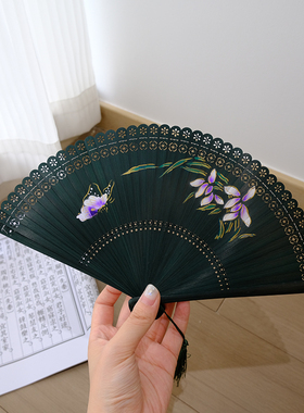 新中式国风折扇易开合顺滑全竹扇古风夏天随身携带小巧镂空折叠扇