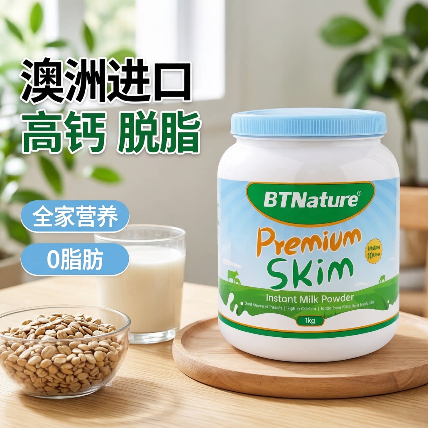 澳洲进口BTNature贝特恩蓝一号成人脱脂高钙牛奶粉1kg送便携装25g