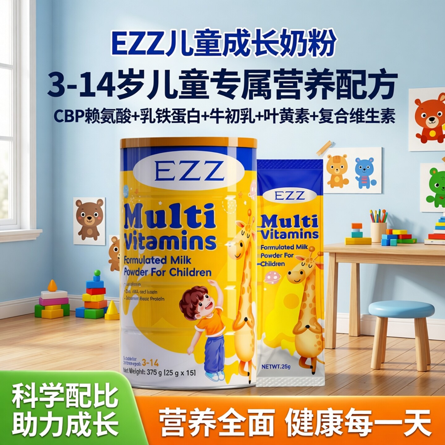 EZZ儿童成长奶粉3-14岁CBP赖氨酸乳铁蛋白叶黄素复合维生素27.6月