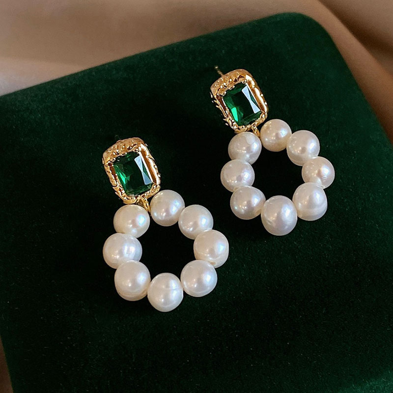 绿色锆石珍珠耳环小众