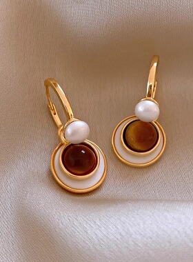 Loga.Py 贝母虎眼石珍珠耳扣美拉德咖色耳环新款爆款耳饰女设计感