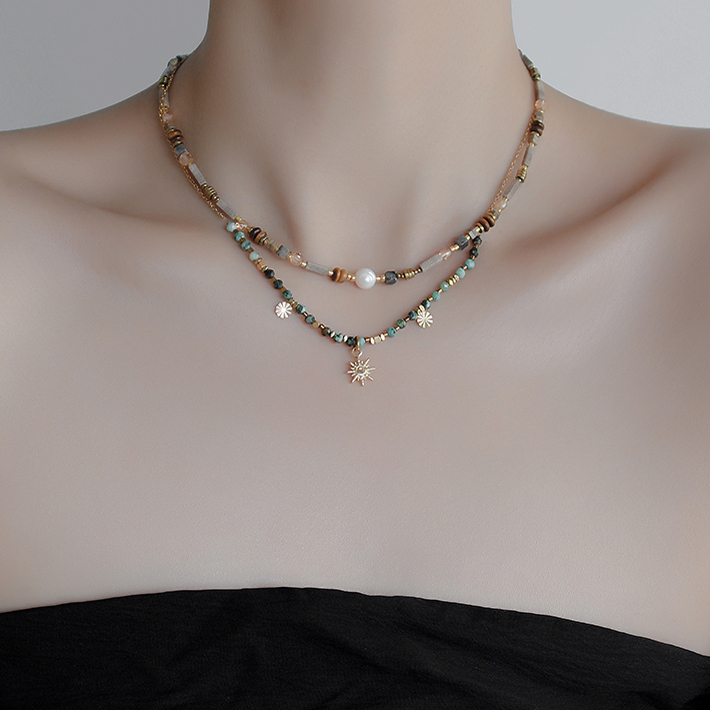 Loga.Py 太阳花双层叠戴轻奢高级感复古天然石串珠项链2025年新款