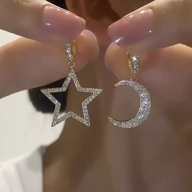 微镶满钻星星月亮耳环